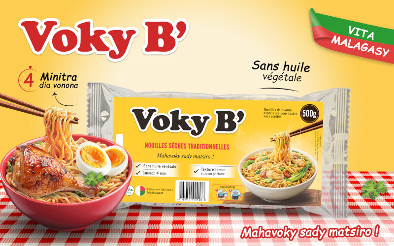 Nouilles Voky B’ 500 g présentées avec un plat cuisiné